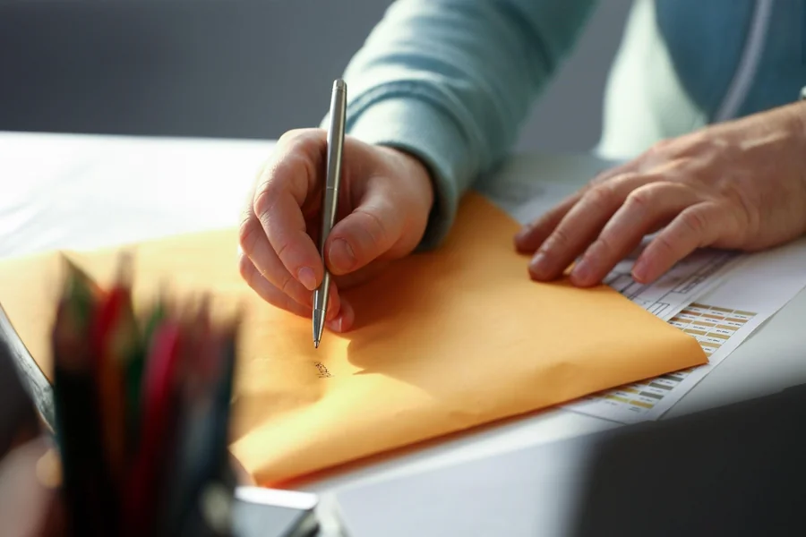 Someone writing on an envelope after learning how to address an envelope.
