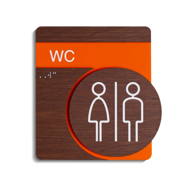 Wood and orange restroom sign with Braille and gender icons