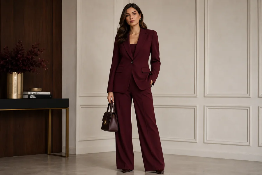 burgundy pant suit